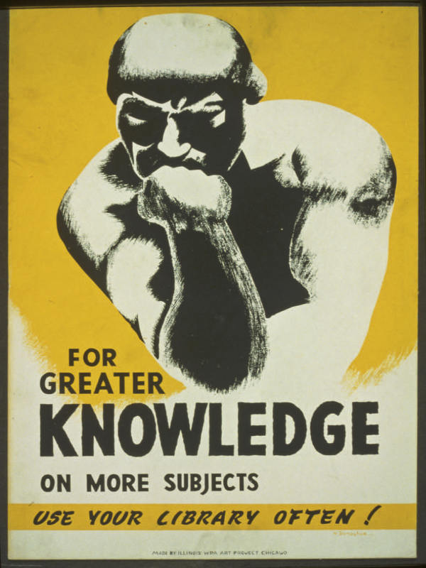 Affiche de promotion pour les bibliothèques, réalisée par V. Donaghue pour l’Illinois WPA Art Project, vers 1940