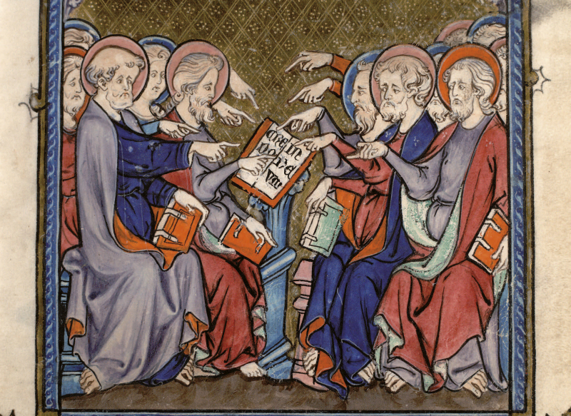Rédaction collective du Credo, dans : La Somme le Roi, manuscrit sur parchemin, France, 1295.