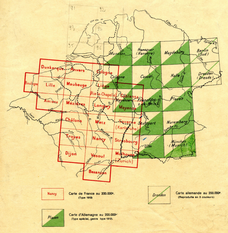 Tableaux d’assemblage de cartes du nord-est de la France été d’une partie de l’Allemagne, vers 1940.