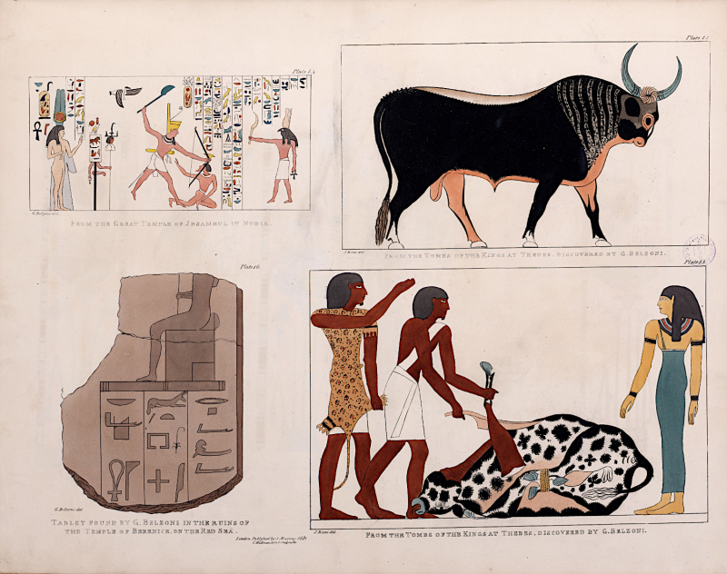 Planche d’illustrations des travaux et
          recherches de G.Belzoni en Égypte et en Nubie, 1821-1822.