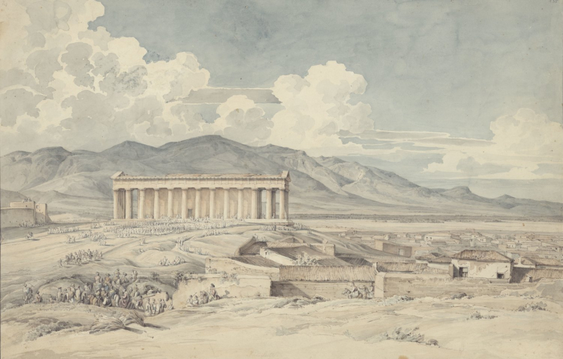 Dessin à l’aquarelle du temple de
            Thésée, à Athènes, sans date : vers 1810-1817.