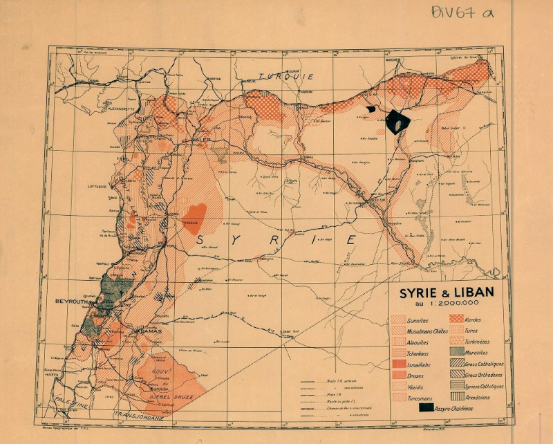 Carte Syrie et Liban : [Répartition de
            la population par confessions], novembre 1935. Cartothèque de
            l’Ifpo. https://gallica.bnf.fr/ark:/12148/bpt6k1290552k