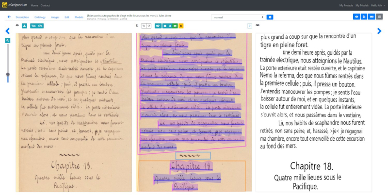 Vue du tableau de bord d’eScriptorium
          permettant de gérer la segmentation et la transcription d’un
          document manuscrit.