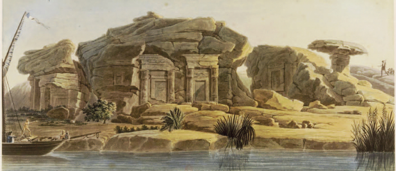 Vue des grottes taillées à l’entrée des anciennes carrières de Silsilèh, Djebel (Egypte), dessin de Charles-Louis Balzac (1752-1820).