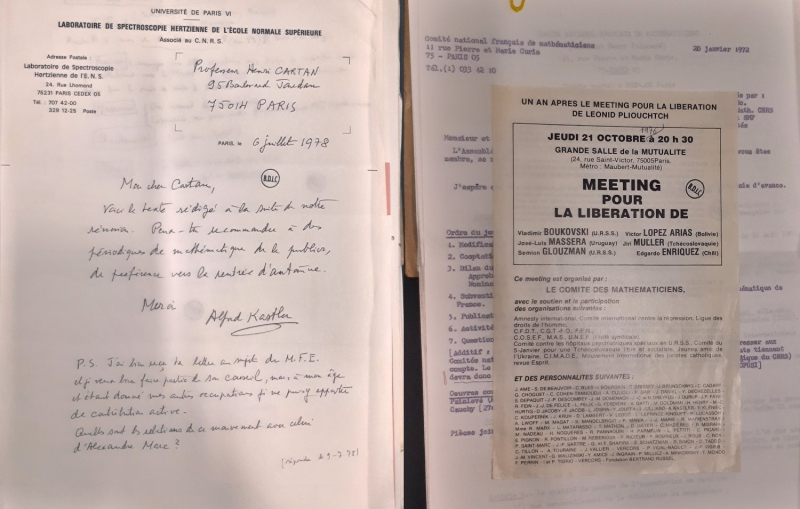 Lettre d’A. Kastler à H. Cartan, tract du Comité des mathématiciens Fonds Henri Cartan, Coll. La contemporaine, F delta res 0936/1. Carnet de recherche de La contemporaine, guide des archives orales : https://lcbam.hypotheses.org/category/guide-sur-les-archives-orales