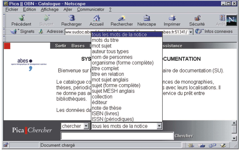Les clés de recherche (ou index) disponibles sur WebOPC
