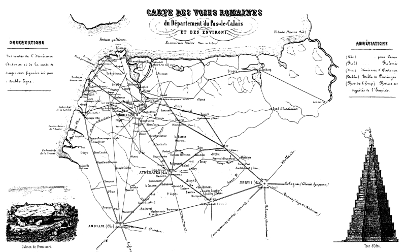 Carte des voies romaines du département du Pas-de-Calais et des environs