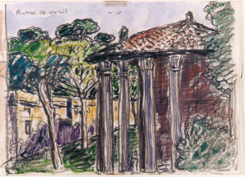 « Aquarelle et mine de plomb, Temple d’Hercule » 14 avril (84) – 9 X 12,5 cm Aquarelle de Vincent Bioulès