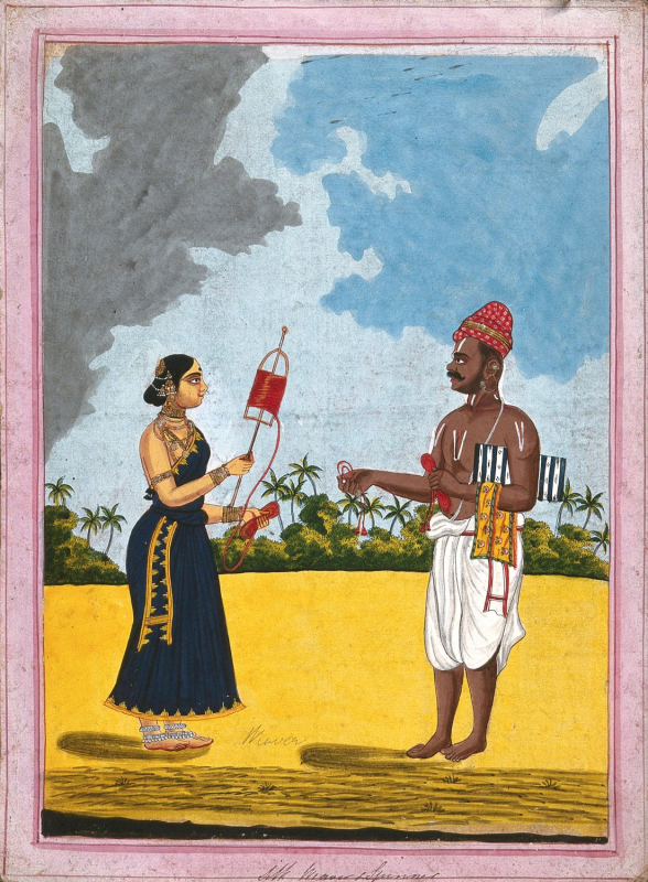 Tisseuse et tisseur de soie, gouache attribuée à un artiste de Tanjore (Thanjavur) - Inde, ca. 1840