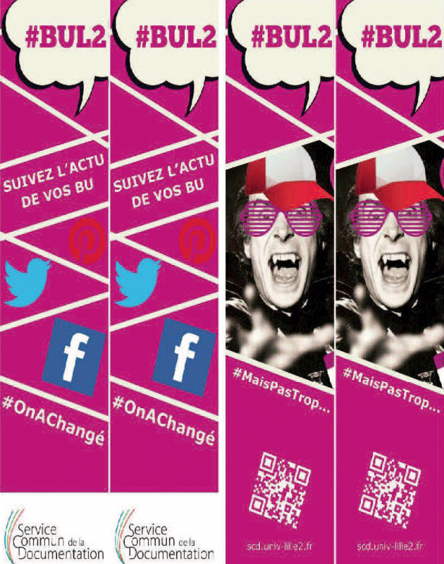 Marque-pages pour la campagne de lancement des comptes Facebook et Twitter du SCD Lille 2, fin janvier 2015.