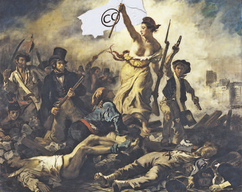 Creative Commons guidant les contributeurs, d’après La Liberté guidant le peuple d’Eugène Delacroix.