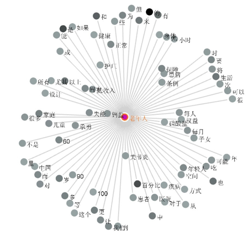 Figure 7 : Graphe de collocations au mot clé 老年人 laonianren du corpus 1 avant 2020 (LancsBox)