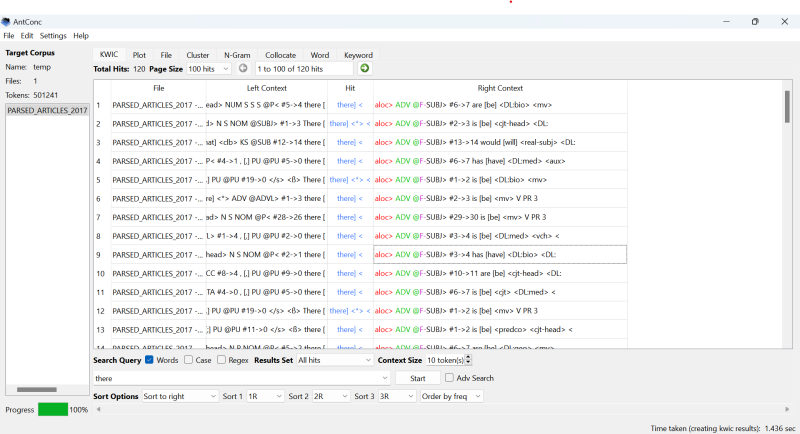 Figure 1: KWIC list for the node there