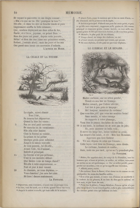 Ill. 5. Amable Tastu, « La Cigale et la Fourmi » et « Le Corbeau et le Renard », Éducation maternelle, 3e partie : « Le livre de mémoire », Didier, 1848, p. 10.