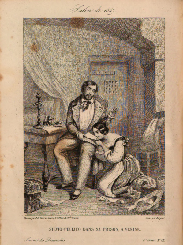 Fig. 1. Gravure reproduisant un tableau avec Silvio Pellico en prison, insérée entre les pages 210 et 211 du Journal des demoiselles, no 7, 1847.