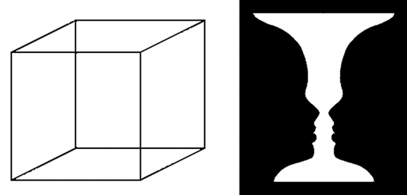 Figure 3. – Bistabilité optique : a) le cube de Necker ; b) le vase de Rubin.