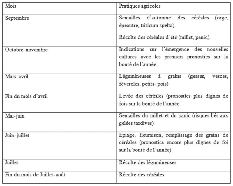 Table 1. – Le calendrier agricole.