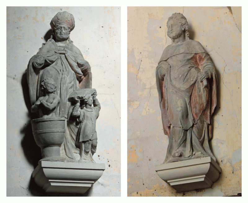 Ill. 13 : Anonyme, Le Baptême de Clovis (à gauche) et Saint Louis (à droite), fin xvie-début xviie siècle, pierre, baptême : 105 × 45 × 30 cm, saint Louis : 108 × 38 × 37 cm, Seine-et-Marne, Boutigny, église Saint-Médard, chœur, Cliché auteur