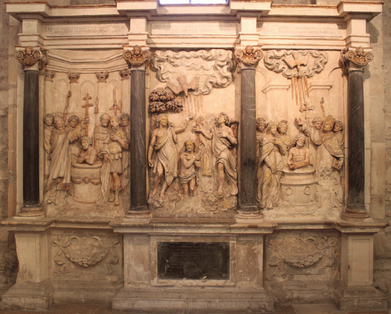 Ill. 19 : Jacques Nicolas (attribué à), Les Trois baptêmes (retable), 1610, calcaire polychrome et marbre noir, 3,33 × 4,09 m, Reims, basilique Saint-Rémi, chapelle des fonts baptismaux, Cliché auteur
