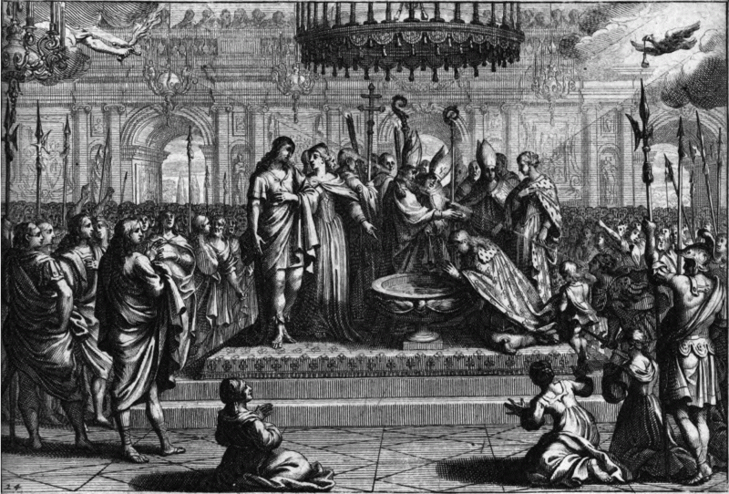 Ill. 8 : Abraham Bosse, d’après François Chauveau et Sébastien Bourdon, Le Baptême de Clovis, 1657, pl. d’ill. : Jean Desmarets de Saint-Sorlin, Clovis ou la France chrestienne. Poeme heroïque, Paris, Augustin Courbé, Henry Le Gras et Jacques Roger, 1657, n. p.