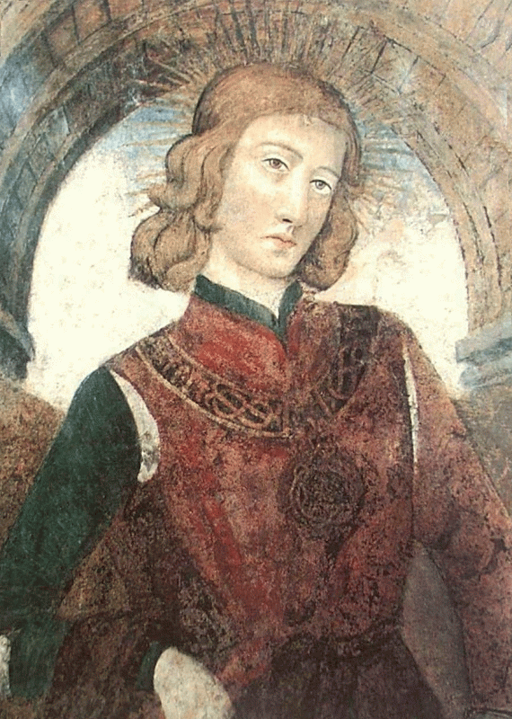 Ill. 1 : Antoine de Lonhy († 1490), Portrait en pied du bienheureux Amédée IX de Savoie, détail, vers 1474, fresque, Turin, église Saint Dominique, autel du bienheureux Amédée IX de Savoie, Cliché Lauro Mattalucci