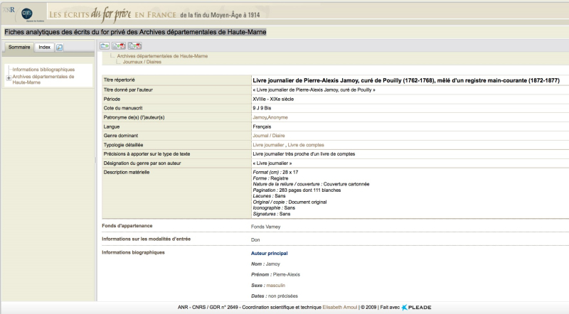 Fiche analytique des écrits du for privé des Archives départementales de Haute-Marne