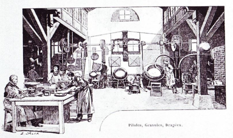 Atelier de fabrication des pilules, granules, dragées de l’usine de Saint-Denis (vers 1890)10