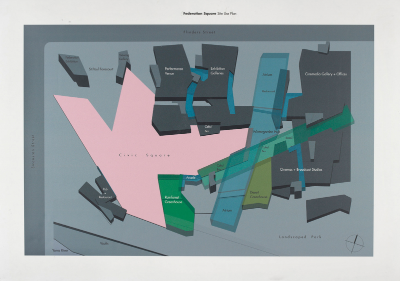 Ill. 12 : Lab Architecture Studio, Display boards of the competition submission and subsequent presentation perspectives for federation square, 1995-1996