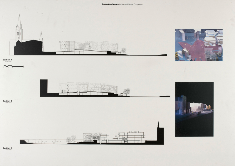 Ill. 13 : Lab Architecture Studio, Display boards of the competition submission and subsequent presentation perspectives for federation, 1995-1996