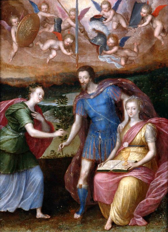 École française, Henri IV s&apos;appuyant sur la religion pour donner la paix à la France, 1575-1600, huile sur bois, 33 x 25 cm., Pau, Musée national du château