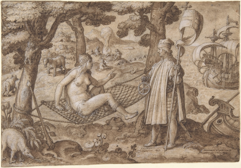 Jan Van Der Straet, Allégorie de l’Amérique, 1587-89, Plume et encre brune, lavis brun, rehauts de blanc, sur pierre noire, incise, 19 x 26.9cm, Gift of Estate of James Hazen Hyde, 1959, Accession Number: 1974.205