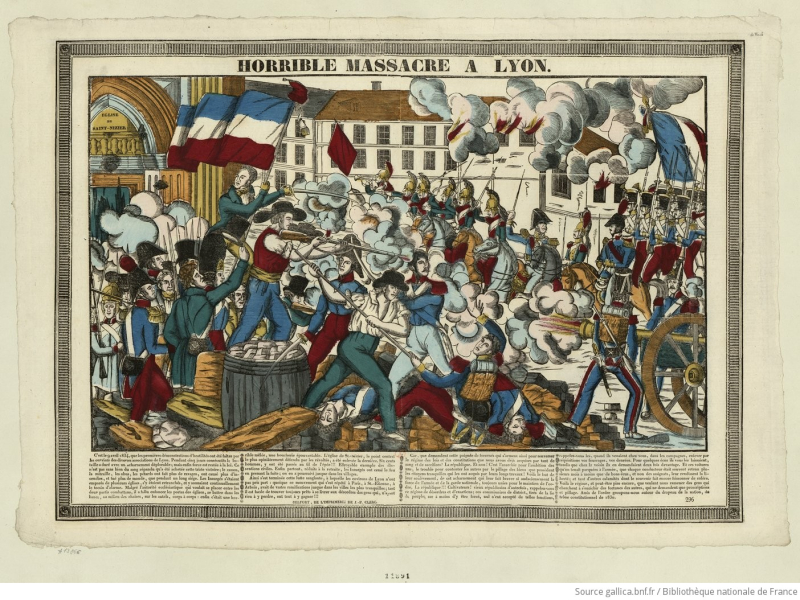 Horrible massacre à Lyon, 9 avril 1834, gravure sur bois coloriée, 1834, Belfort, imprimerie J-P Clerc, 101 x 122 cm