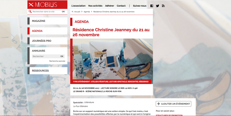 Fig.5 : capture d’écran du site « Mobilis » des Pays de la Loire annonçant la résidence de Christine Jeanney en novembre 2017 : https://www.mobilis-paysdelaloire.fr/agenda/residence-christine-jeanney-du-21-au-26-novembre, consulté le 30 avril 2018