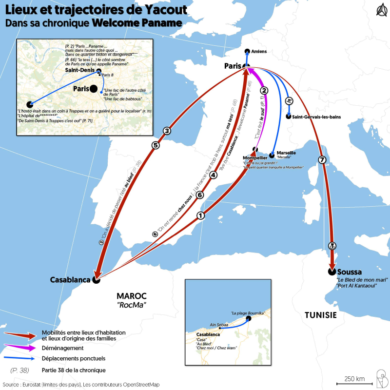 Figure 1. Lieux et trajectoires de Yacout dans sa chronique Welcome Paname