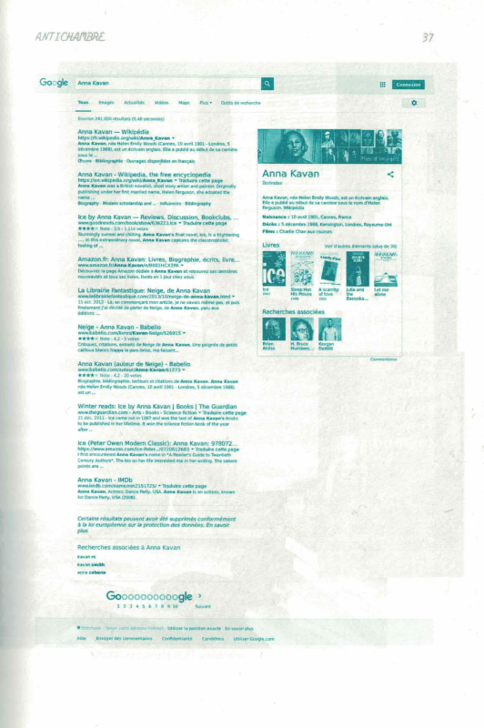 Figure 2 : Anna K, page 37, capture d’écran (pleine page) reproduisant la première page des résultats d’une recherche Google « Anna Kavan ». Reproduit avec l’aimable autorisation de Catherine Lenoble et des éditions HYX.