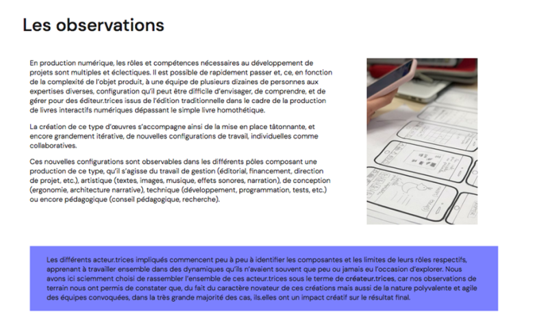 Figure 10. Les observations issues de la recherche sur les nouvelles configurations des métiers de la production de la littérature numérique jeunesse