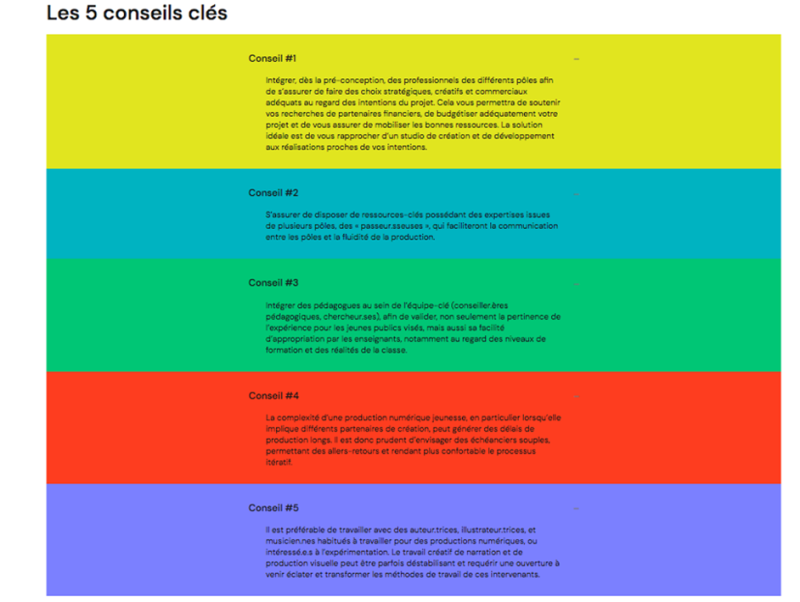 Figure 11. Les conseils clés pour guider les éditeurs pour le module sur les métiers de la production de littérature numérique jeunesse