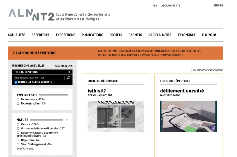 Figure 2. Page du répertoire des œuvres hypermédiatiques du laboratoire NT2