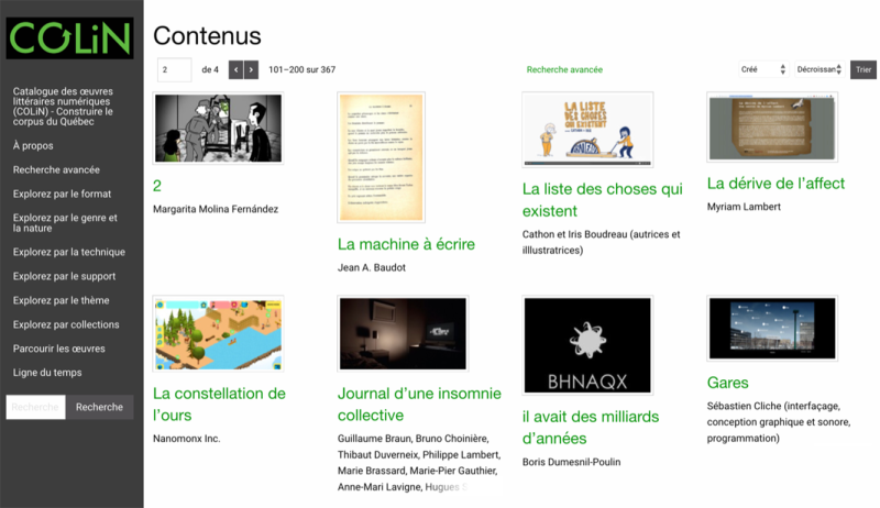 Figure 3. Liste des œuvres du site COLiN