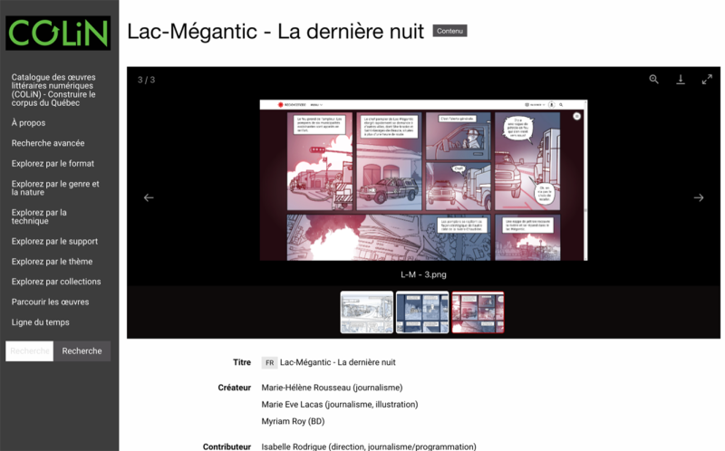 Figure 5. Fiche de l’œuvre « Lac-Mégantic. La dernière nuit » sur COLiN