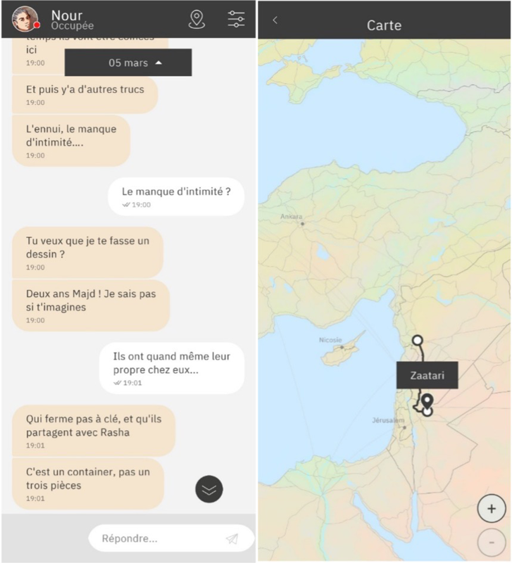 Figure 1. Carte (à droite) donnant à voir le parcours du personnage