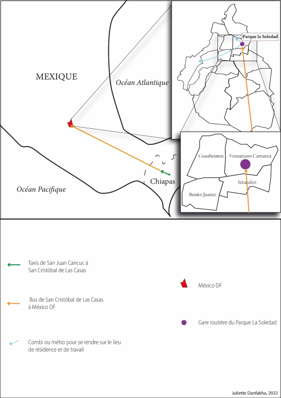 Carte 1 : Transports de la migration depuis San Juan Cancuc jusqu’à Mexico