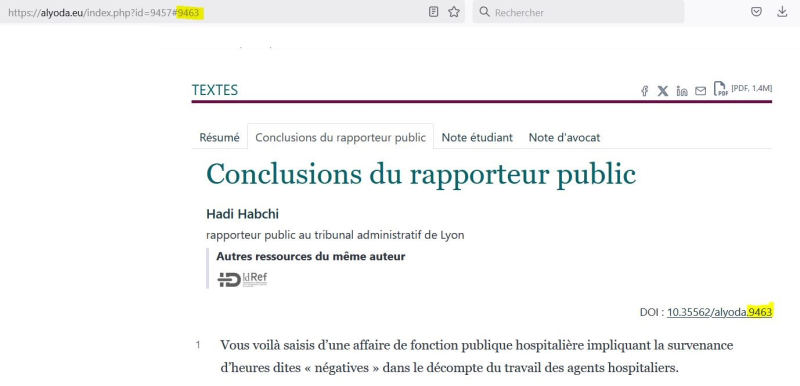 À l’identifiant du texte parent (9457) a été joint un nouvel identifiant pour cet enfant (9463) sur lequel est construit le DOI.