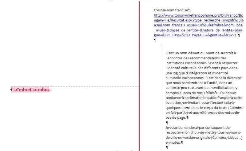 Échange entre un auteur et un correcteur autour de la traduction du nom de la ville de Coïmbre.