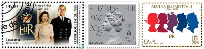 Timbres émis en 2022 à l’effigie de la reine d’Angleterre par la Guinée francophone (Élisabeth II), le Canada anglophone (Elizabeth II) et l’Italie (Elisabetta II)