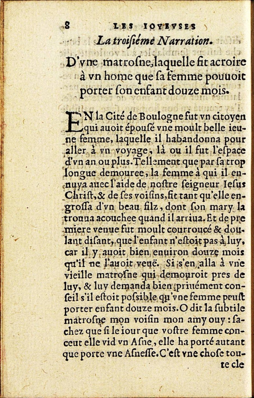 Fig. 1. Page de texte des Joyeuses narrations advenues de nostre temps. Bibliothèque du château de Chantilly, cote XI-D-065.