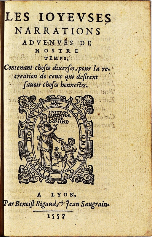 Fig. 3. Page de titre des Joyeuses narrations advenues de nostre temps. Bibliothèque du château de Chantilly, XI-D-065.