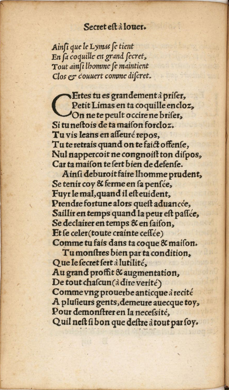 Fig. 2. Hecatomgraphie c’est à dire les declarations de plusieurs Apophtegmes, Proverbes, sentences et dictz tant des anciens et modernes, Lyon, Denis de Harsy, 1540. BnF/Gallica