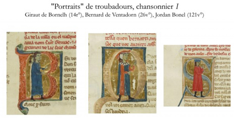 Fig. 5a. Les mains tendues, « portraits » de troubadours, chansonnier I : Giraut de Bornelh, fo 14 ro ; Bernard de Ventadorn, fo 26 vo ; Jordan Bonel, fo 121 vo. BnF/Gallica