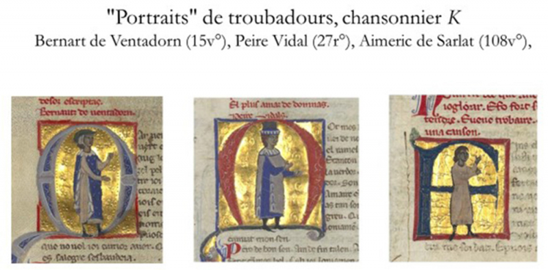 Fig. 5b. Les mains tendues, « portraits » de troubadours, chansonnier K : Bernard de Ventadorn, fo 15 vo ; Peire Vidal, fo 27 ro ; Aimeric de Sarlat, fo 108 vo. BnF/Gallica